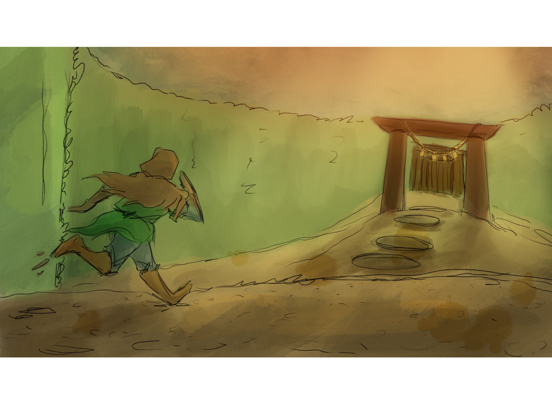 Colored Running to Shrine Sketch