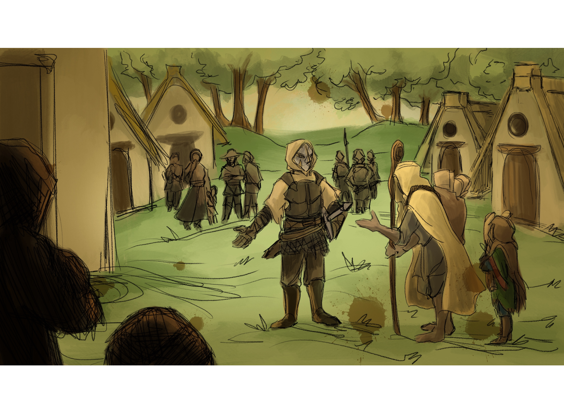 Colored Village Scene Sketch